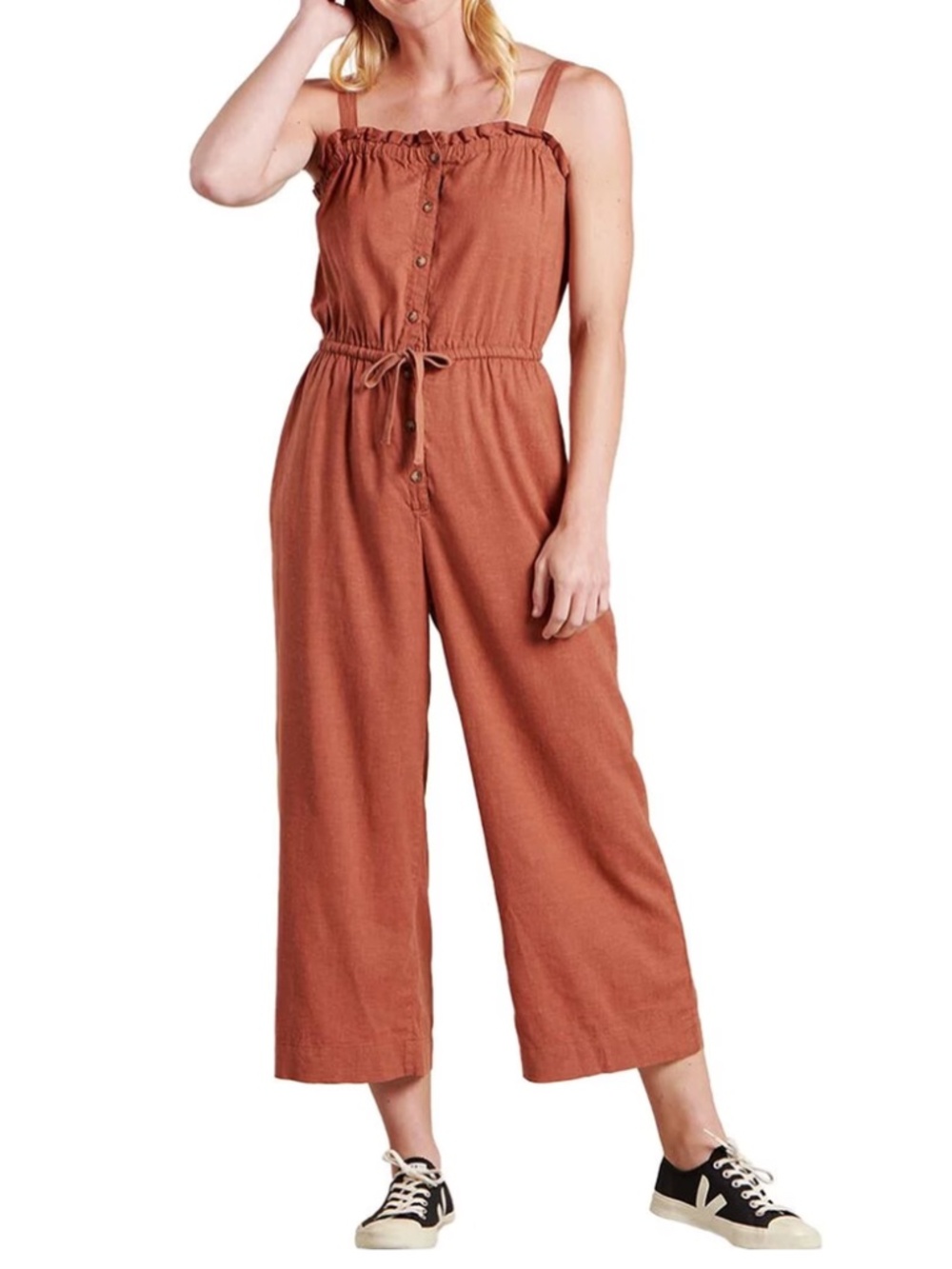 Toad&Co Taj Hemp Strappy Sleeveless Jumpsuit Copper L Lightweight Relaxed Boho